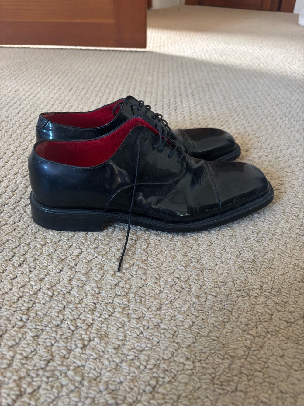 Barneys New York Black Leather Derby Shoes with Red Interior